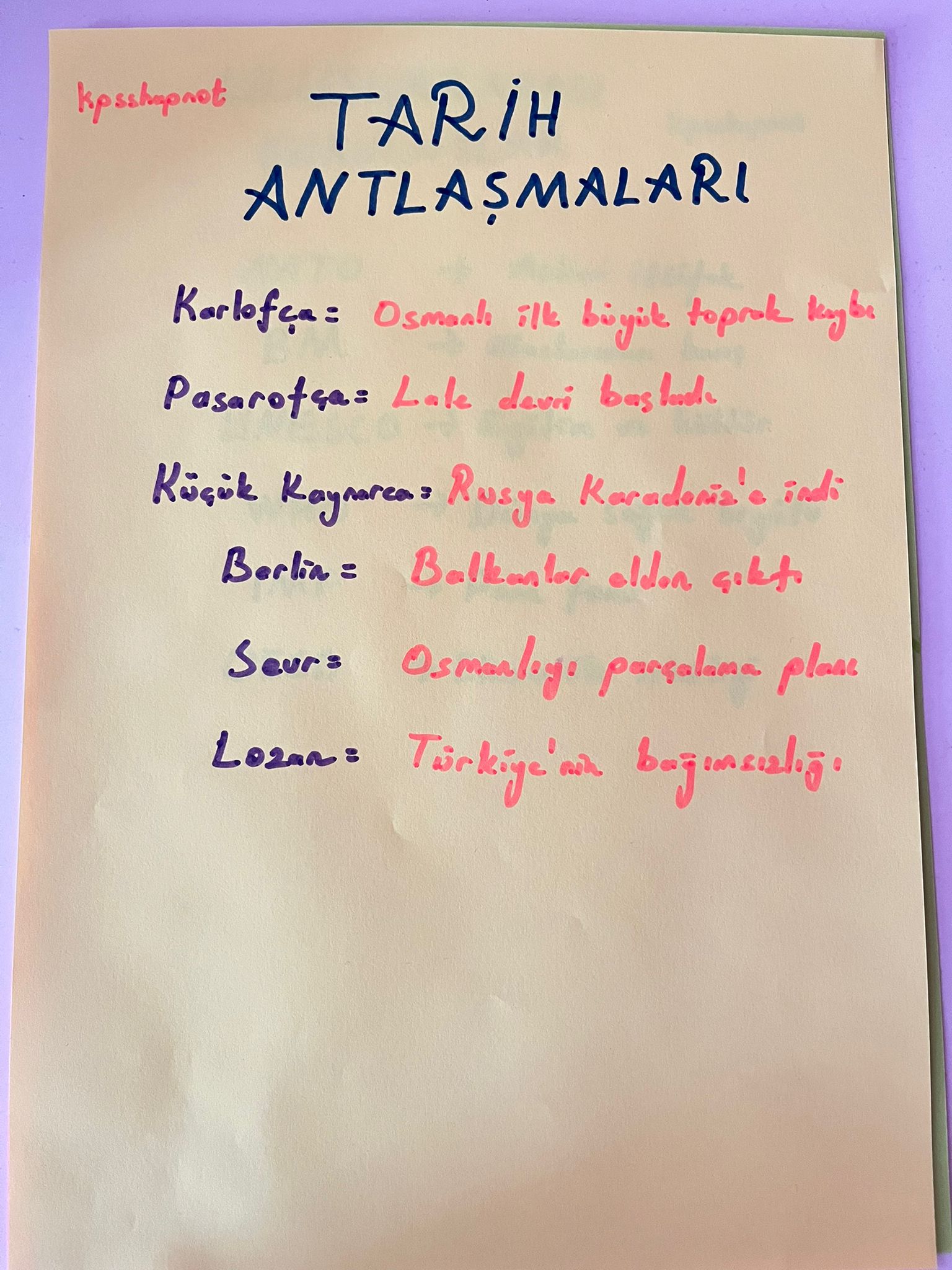 Tarih anlaşmaları hakkında el yazılı KPSS notu